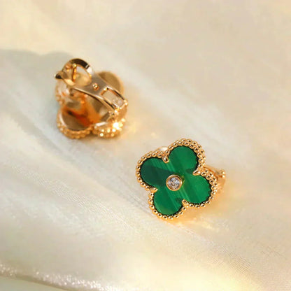 [⭐Glow]CLOVER MEDIUM 1 MOTIFS MALACHITE DIAMOND EARRINGS