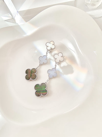 [⭐Glow]CLOVER 3 MOTIFS CHALCEDONY DARK MOP SILVER EARRINGS