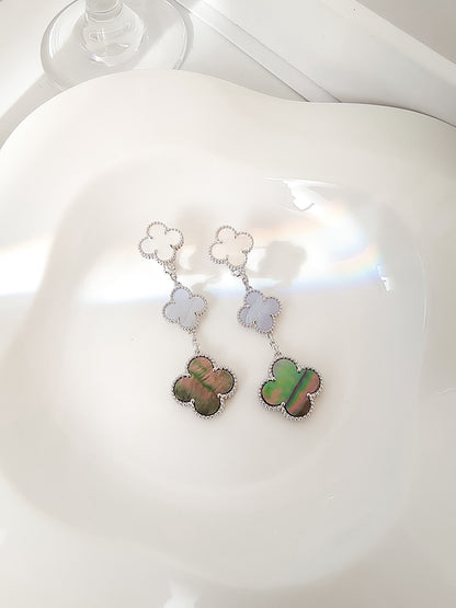 [⭐Glow]CLOVER 3 MOTIFS CHALCEDONY DARK MOP SILVER EARRINGS