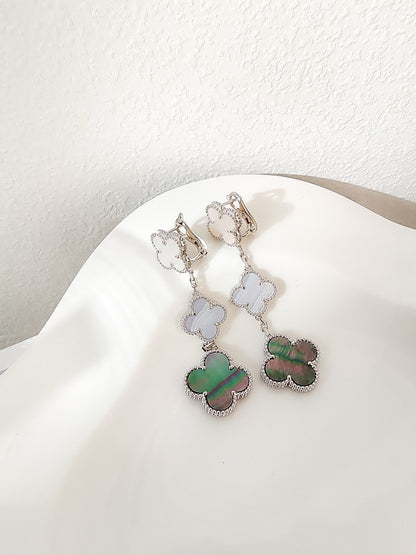 [⭐Glow]CLOVER 3 MOTIFS CHALCEDONY DARK MOP SILVER EARRINGS