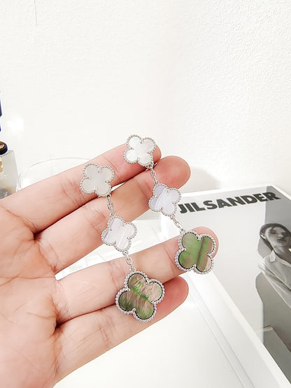[⭐Glow]CLOVER 3 MOTIFS CHALCEDONY DARK MOP SILVER EARRINGS