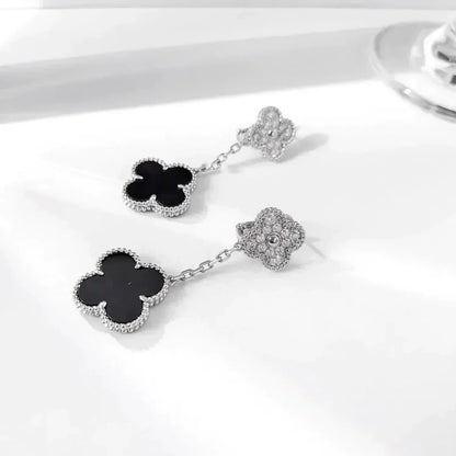 [⭐Glow]CLOVER 2 MOTIFS  DIAMOND ONYX EARRINGS SILVER