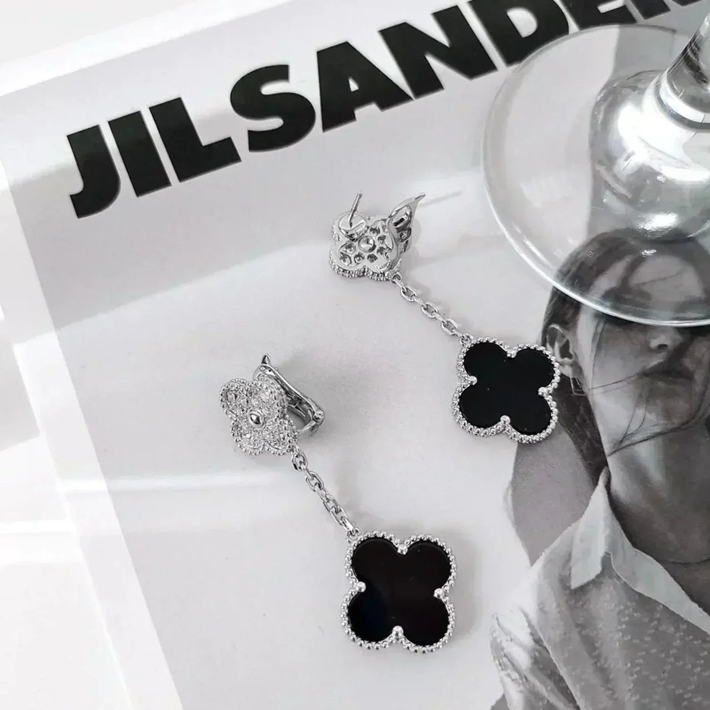 [⭐Glow]CLOVER 2 MOTIFS  DIAMOND ONYX EARRINGS SILVER