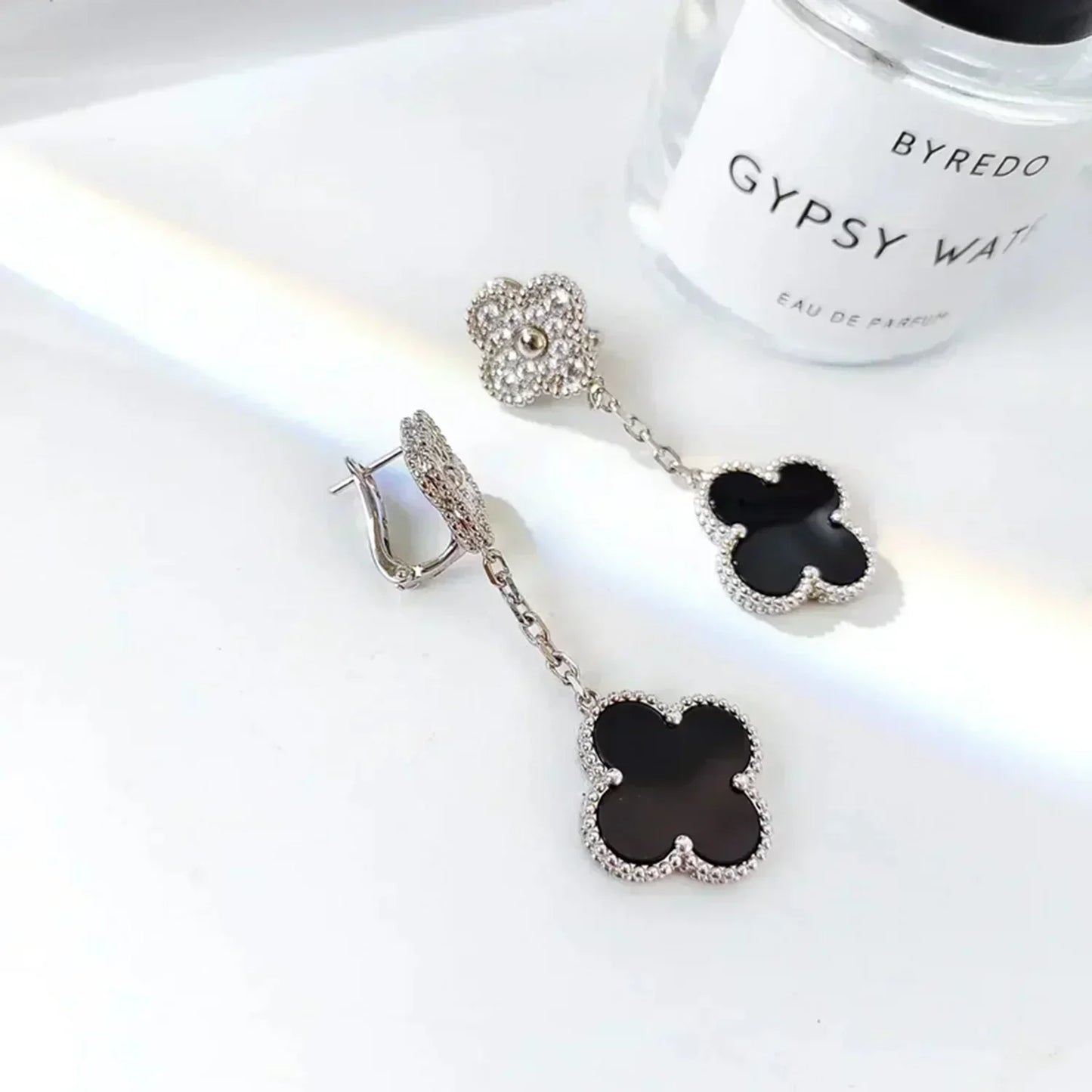 [⭐Glow]CLOVER 2 MOTIFS  DIAMOND ONYX EARRINGS SILVER