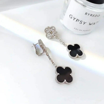 [⭐Glow]CLOVER 2 MOTIFS  DIAMOND ONYX EARRINGS SILVER