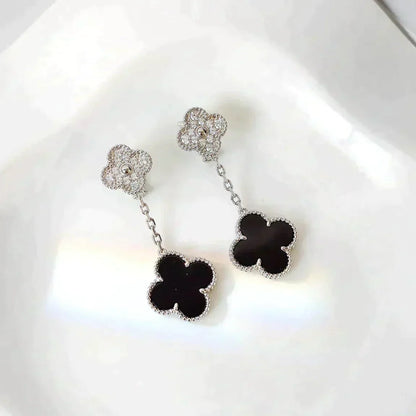 [⭐Glow]CLOVER 2 MOTIFS  DIAMOND ONYX EARRINGS SILVER