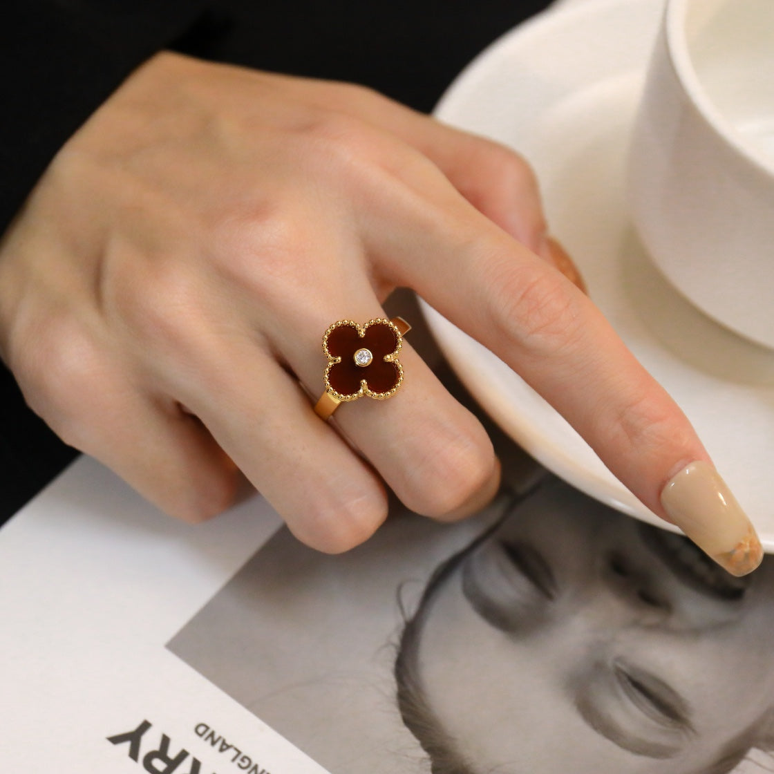 [⭐Glow]CLOVER CARNELIAN RING ROSE GOLD DIAMOND