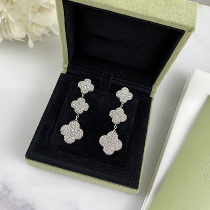 [⭐Glow]CLOVER 3 MOTIF DIAMOND SILVER DROP EARRINGS