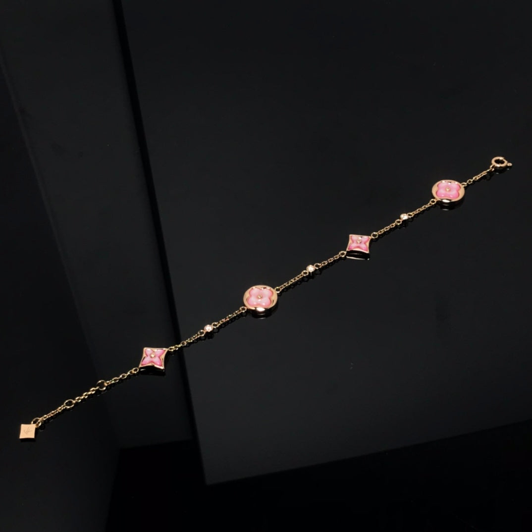 [⭐Glow]STAR AND SUN 4 MOTIF PINK MOP PINK GOLD BRACELET