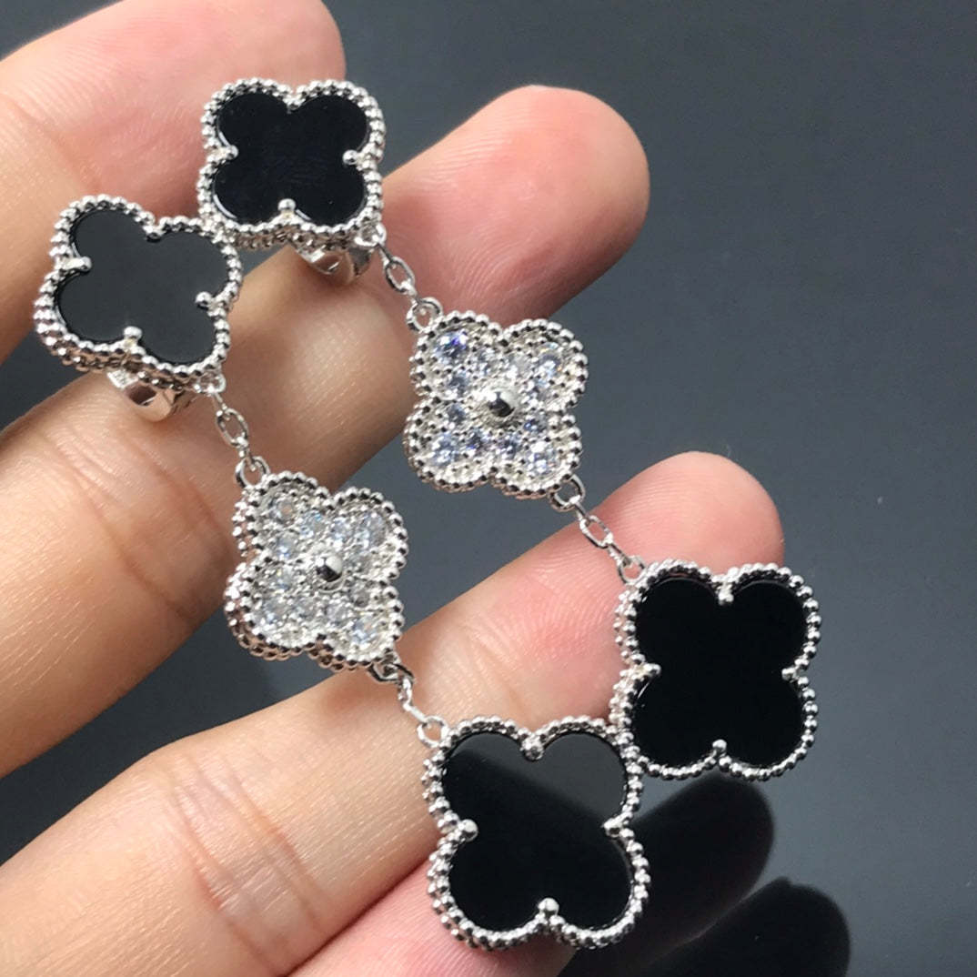 [⭐Glow]CLOVER 3 MOTIF DIAMOND ONYX SILVER EARRINGS