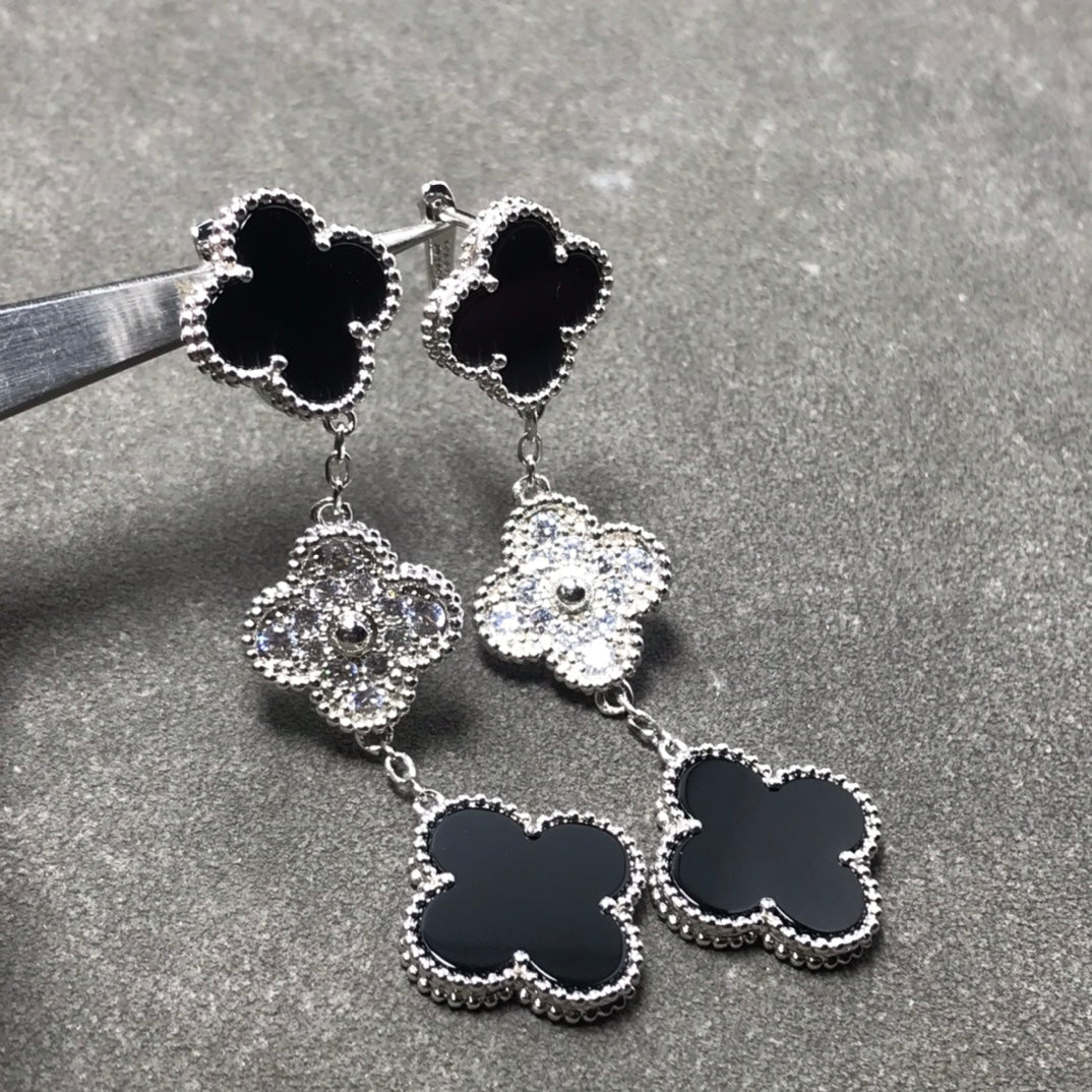 [⭐Glow]CLOVER 3 MOTIF DIAMOND ONYX SILVER EARRINGS