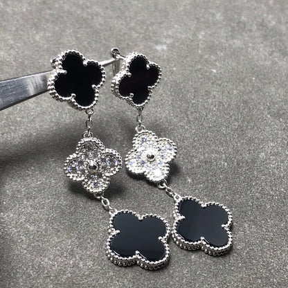 [⭐Glow]CLOVER 3 MOTIF DIAMOND ONYX SILVER EARRINGS