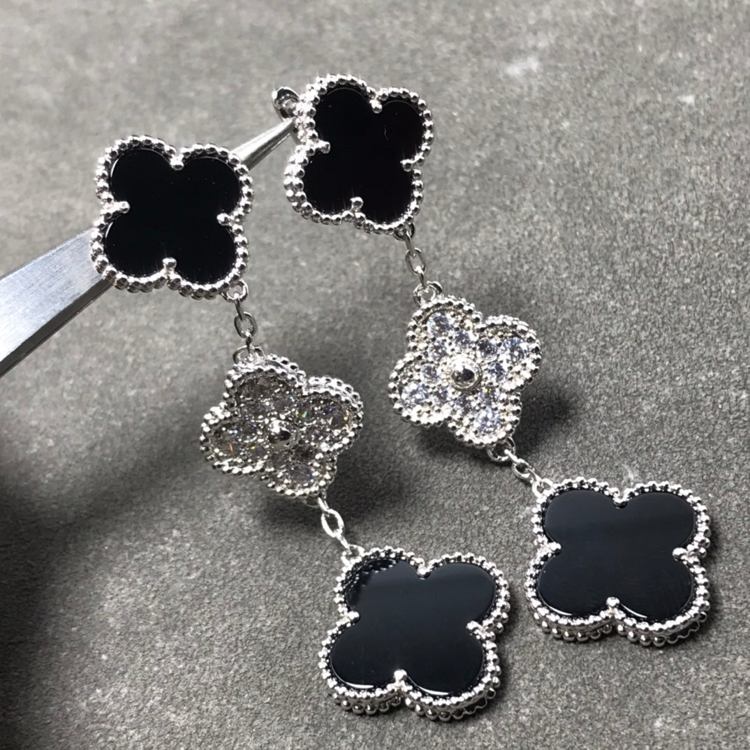 [⭐Glow]CLOVER 3 MOTIF DIAMOND ONYX SILVER EARRINGS