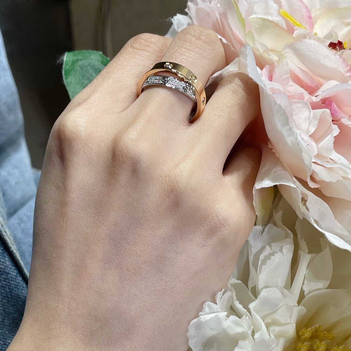 [⭐Glow]LOVE PINK GOLD SILVER DIAMOND DOUBLE RING