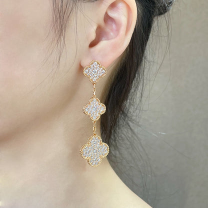 [⭐Glow]CLOVER 3 MOTIFS DIAMOND PAVED ROSE GOLD EARRINGS