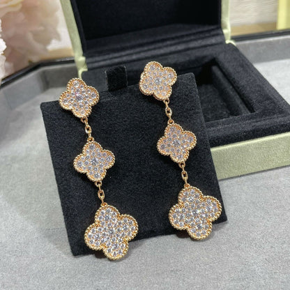 [⭐Glow]CLOVER 3 MOTIFS DIAMOND PAVED ROSE GOLD EARRINGS