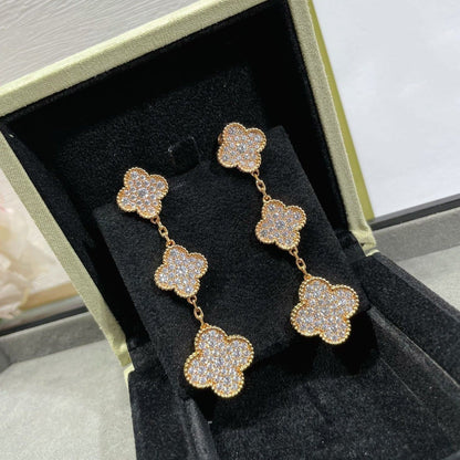[⭐Glow]CLOVER 3 MOTIFS DIAMOND PAVED ROSE GOLD EARRINGS