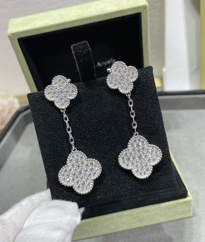 [⭐Glow]CLOVER 2 MOTIFS DIAMOND PAVED SILVER EARRINGS