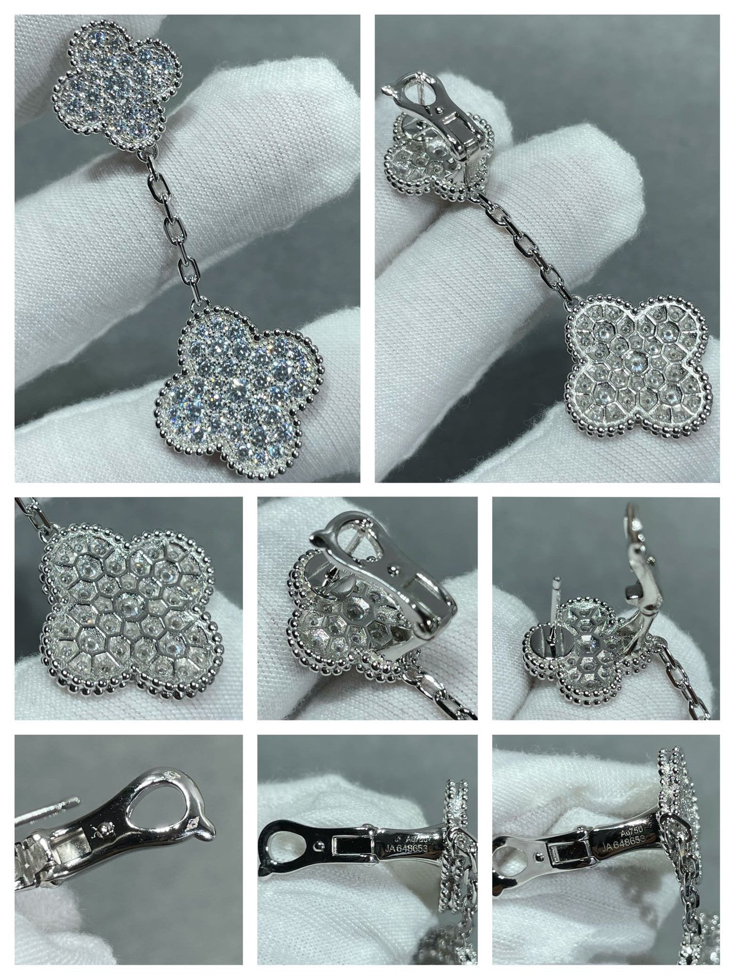 [⭐Glow]CLOVER 2 MOTIFS DIAMOND PAVED SILVER EARRINGS