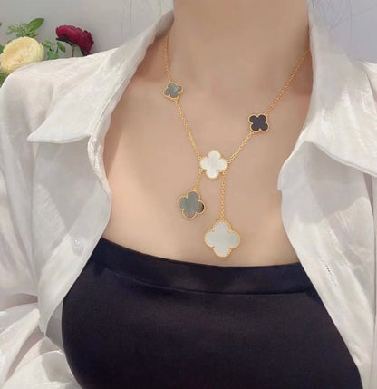[⭐Glow]CLOVER 6 MOTIF MOP ONYX GOLD NECKLACE