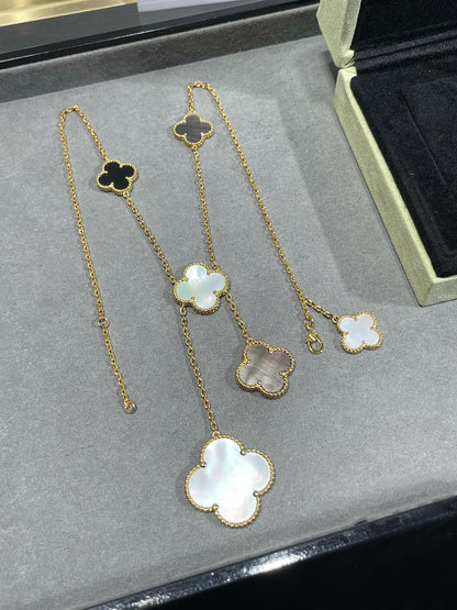[⭐Glow]CLOVER 6 MOTIF MOP ONYX GOLD NECKLACE