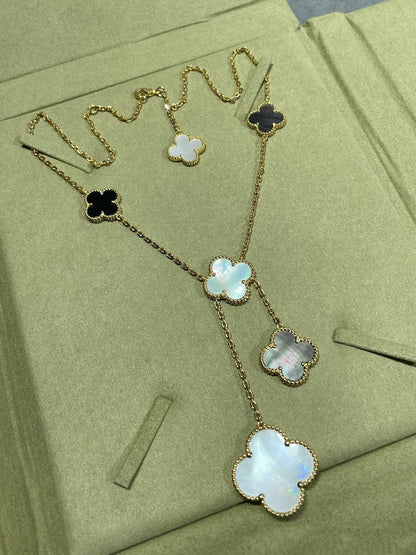 [⭐Glow]CLOVER 6 MOTIF MOP ONYX GOLD NECKLACE