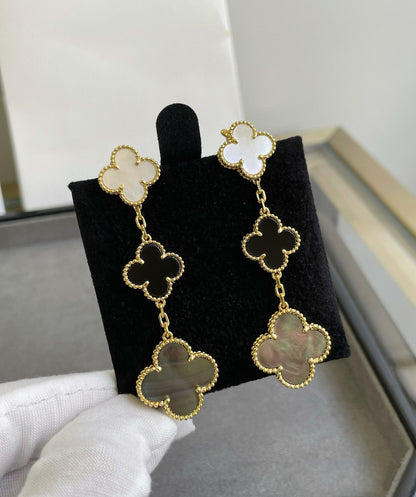 [⭐Glow]CLOVER 3 MOTIF MOP ONYX DARK MOP PINK GOLD EARRINGS