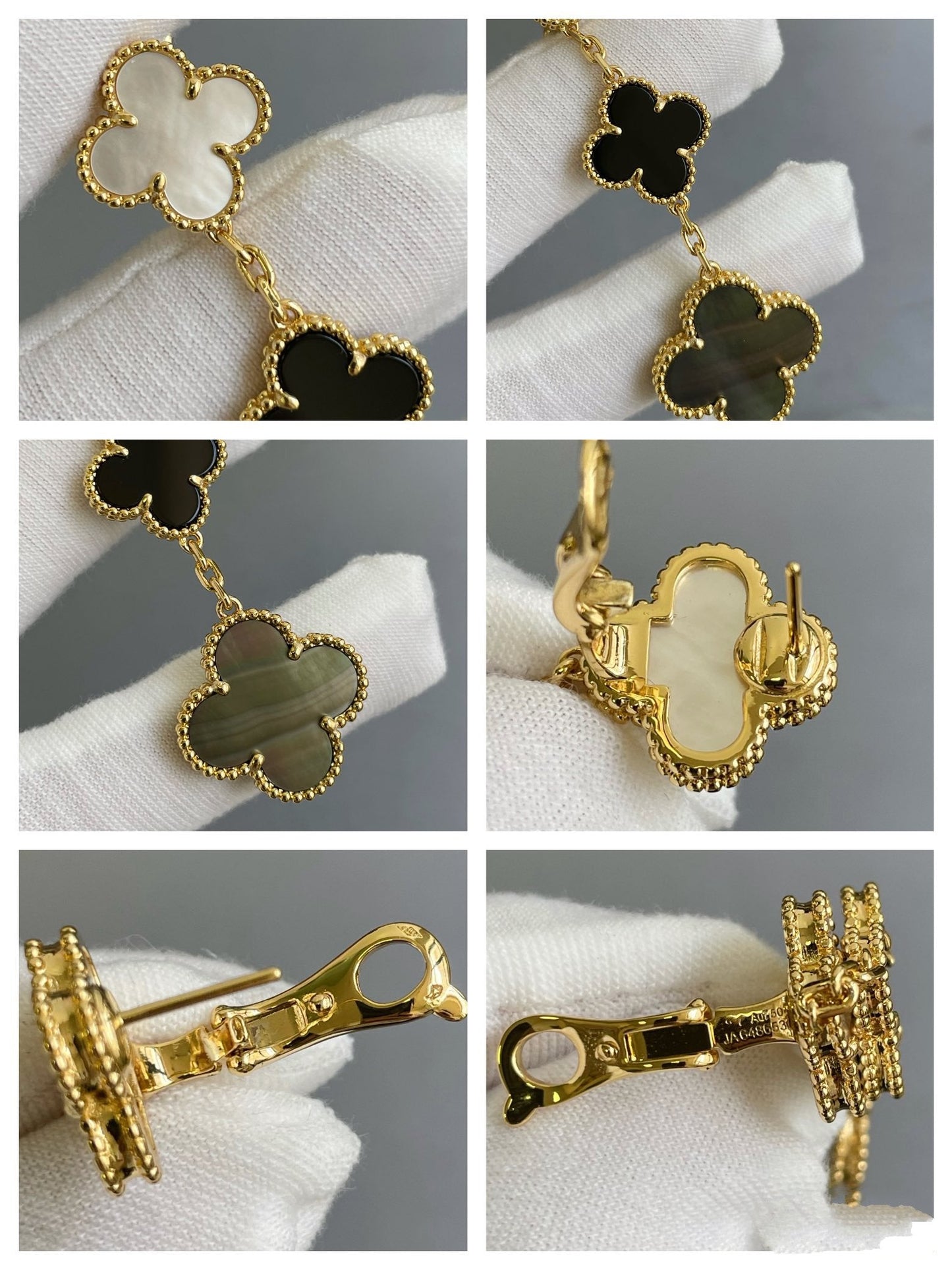 [⭐Glow]CLOVER 3 MOTIF MOP ONYX DARK MOP PINK GOLD EARRINGS