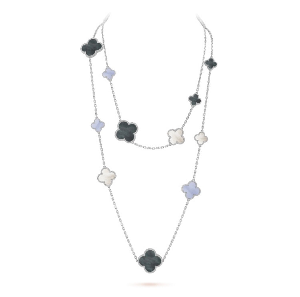 [⭐Glow]CLOVER 16 MOTIF CHALCEDONY MOP SILVER NECKLACE