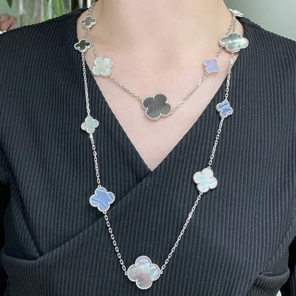 [⭐Glow]CLOVER 16 MOTIF CHALCEDONY MOP SILVER NECKLACE