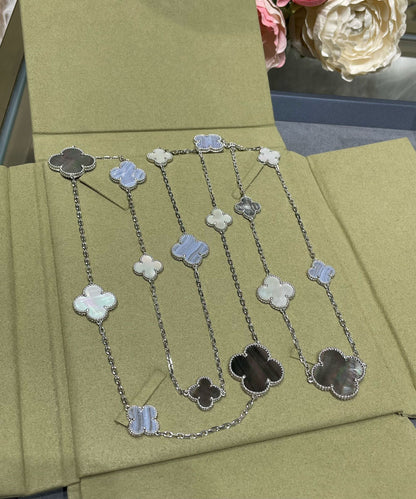 [⭐Glow]CLOVER 16 MOTIF CHALCEDONY MOP SILVER NECKLACE
