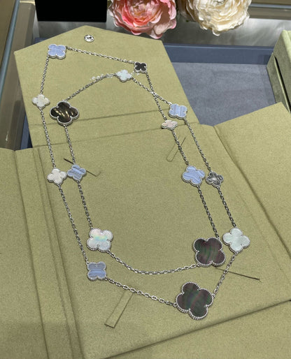 [⭐Glow]CLOVER 16 MOTIF CHALCEDONY MOP SILVER NECKLACE