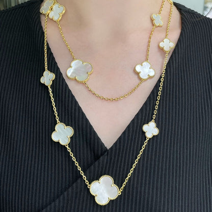 [⭐Glow]CLOVER 16 MOTIF WHITE MOP GOLD NECKLACE