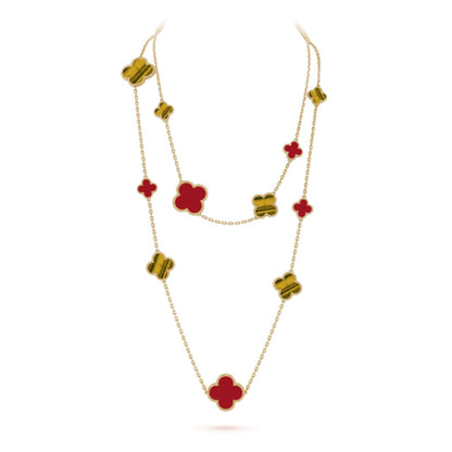 [⭐Glow]CLOVER 16 MOTIF CARNELIAN TIGER EYE ROSE GOLD NECKLACE