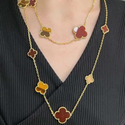 [⭐Glow]CLOVER 16 MOTIF CARNELIAN TIGER EYE ROSE GOLD NECKLACE
