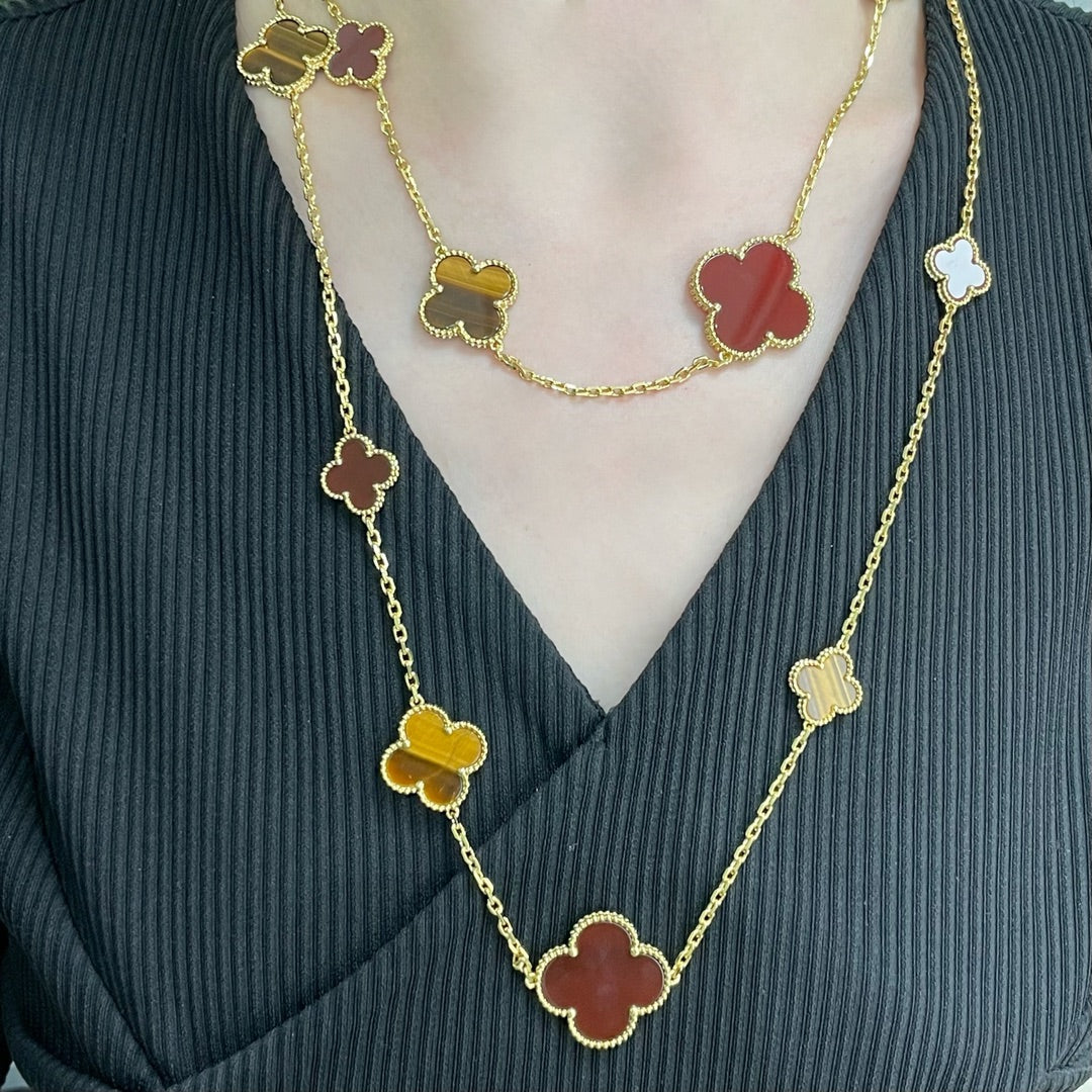 [⭐Glow]CLOVER 16 MOTIF CARNELIAN TIGER EYE ROSE GOLD NECKLACE