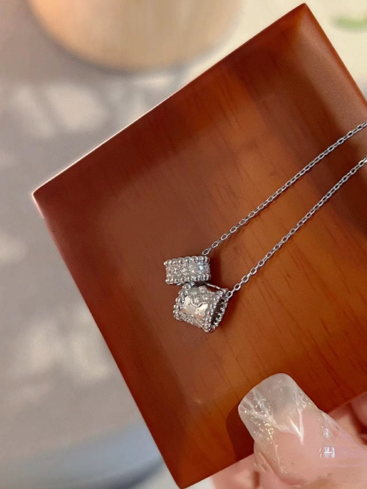 [⭐Glow]PERLEE DOUBLE PENDANT SILVER DIAMOND NECKLACE