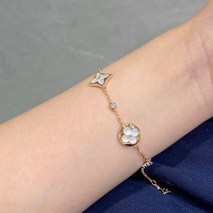 [⭐Glow]STAR AND SUN 4 MOTIF WHITE MOP PINK GOLD BRACELET