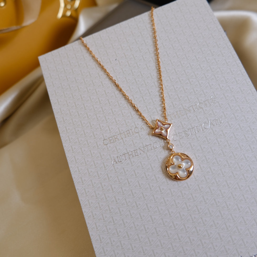 [⭐Glow]STAR AND SUN WHITE MOP 2 MOTIF PINK GOLD NECKLACE