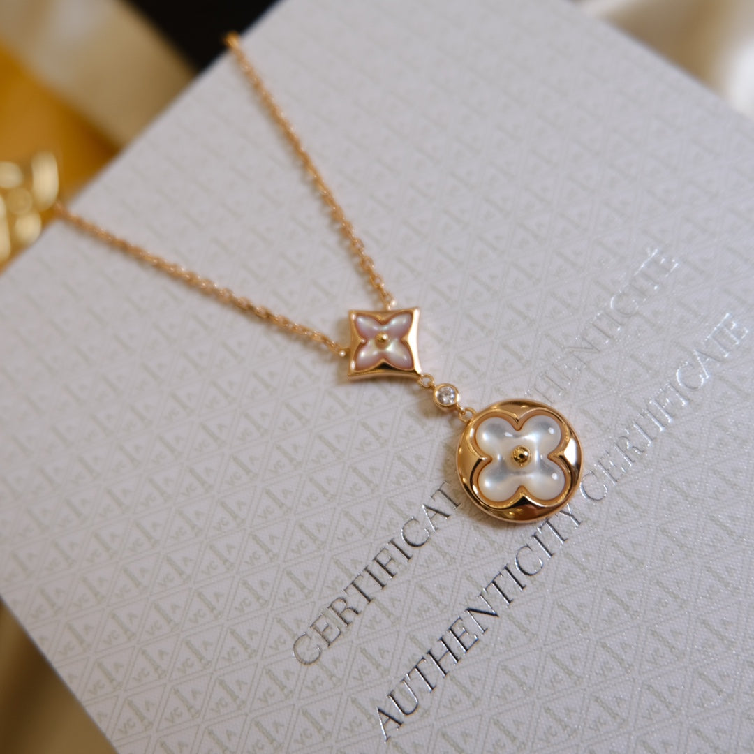 [⭐Glow]STAR AND SUN WHITE MOP 2 MOTIF PINK GOLD NECKLACE