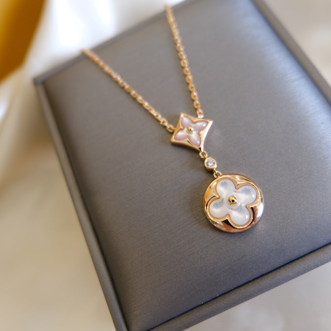 [⭐Glow]STAR AND SUN WHITE MOP 2 MOTIF PINK GOLD NECKLACE