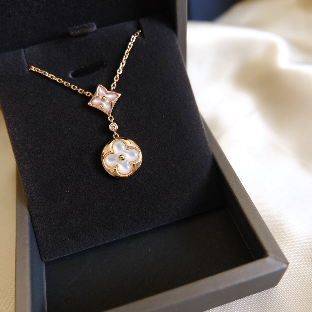 [⭐Glow]STAR AND SUN WHITE MOP 2 MOTIF PINK GOLD NECKLACE