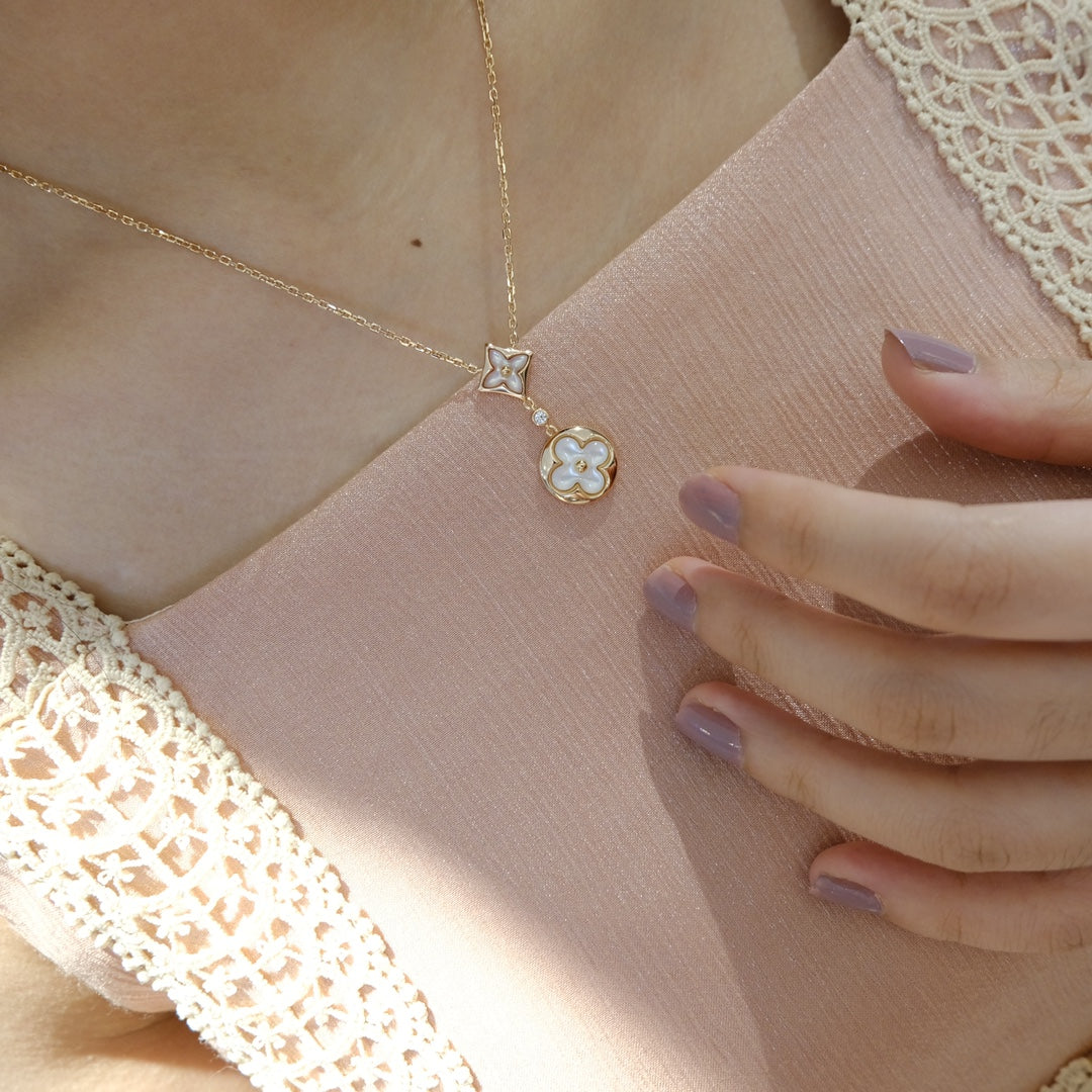 [⭐Glow]STAR AND SUN WHITE MOP 2 MOTIF PINK GOLD NECKLACE