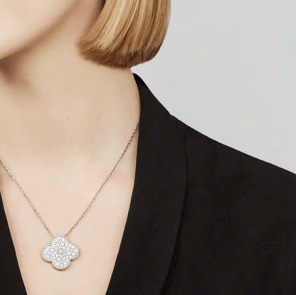 [⭐Glow]CLOVER 25MM LARGE PENDANT DIAMOND PAVED SILVER NECKLACE
