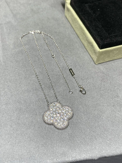 [⭐Glow]CLOVER 25MM LARGE PENDANT DIAMOND PAVED SILVER NECKLACE