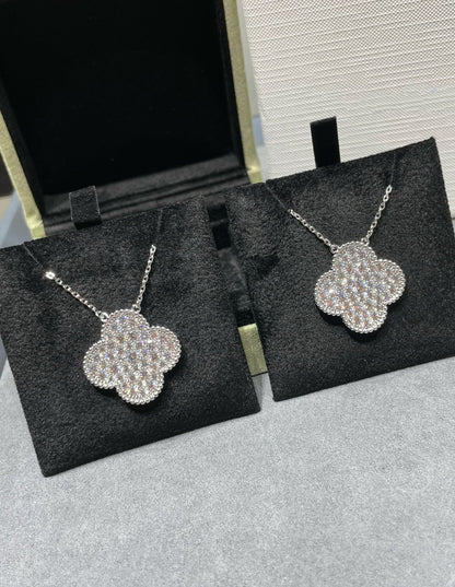 [⭐Glow]CLOVER 25MM LARGE PENDANT DIAMOND PAVED SILVER NECKLACE