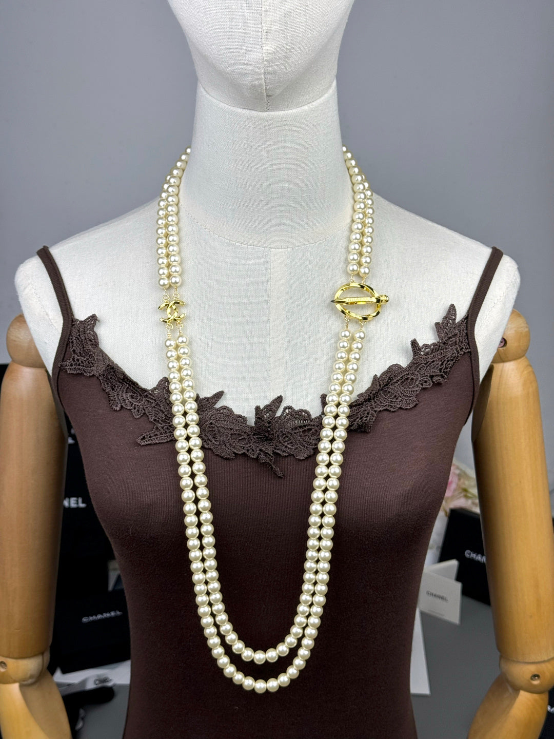 [⭐Glow]25K Pencil Double C Double-Layer Pearl Sweater Chain