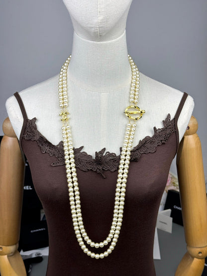 [⭐Glow]25K Pencil Double C Double-Layer Pearl Sweater Chain