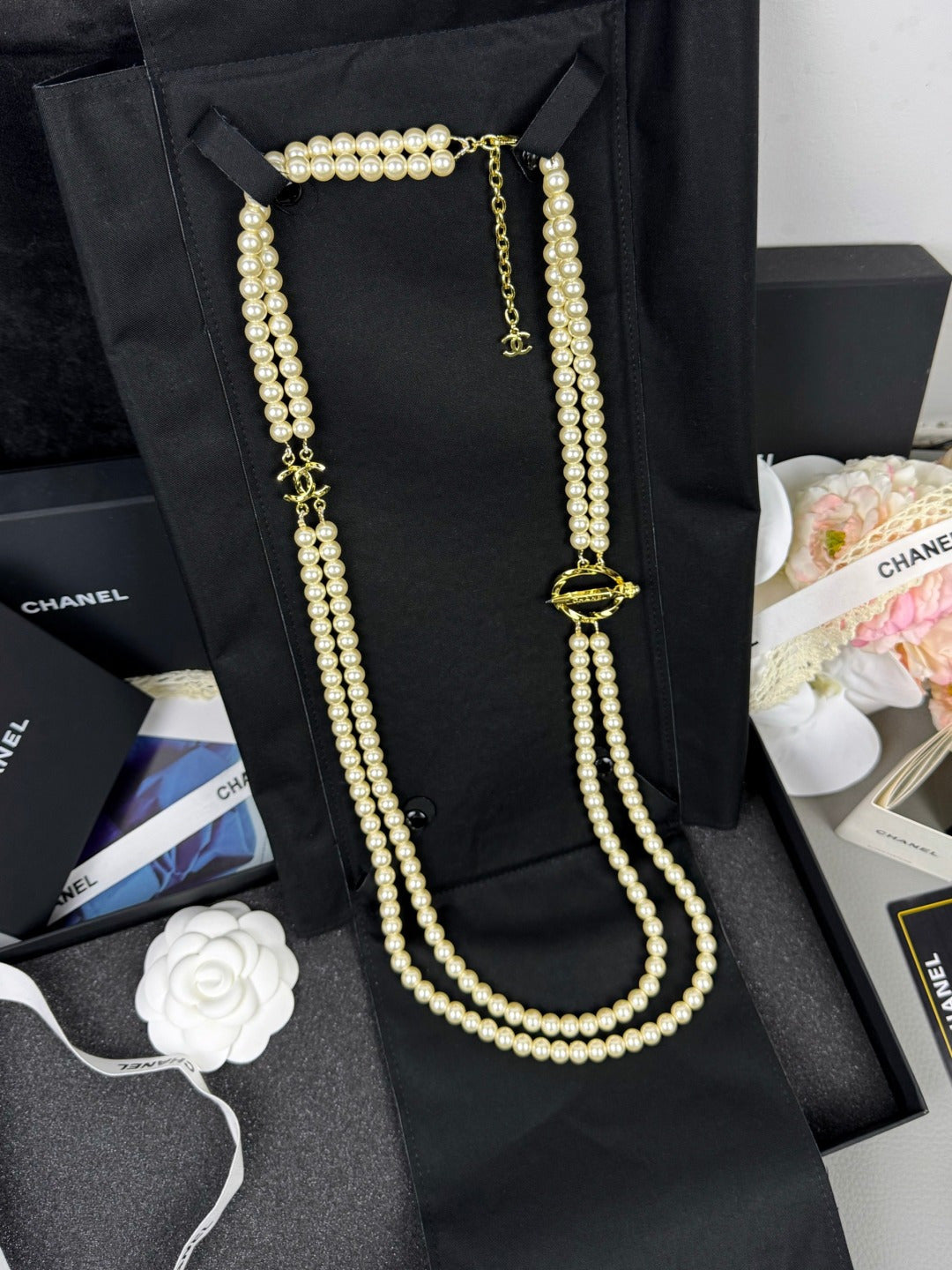 [⭐Glow]25K Pencil Double C Double-Layer Pearl Sweater Chain