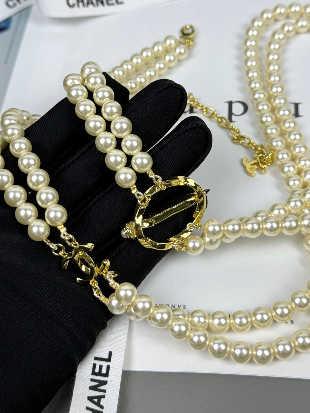 [⭐Glow]25K Pencil Double C Double-Layer Pearl Sweater Chain